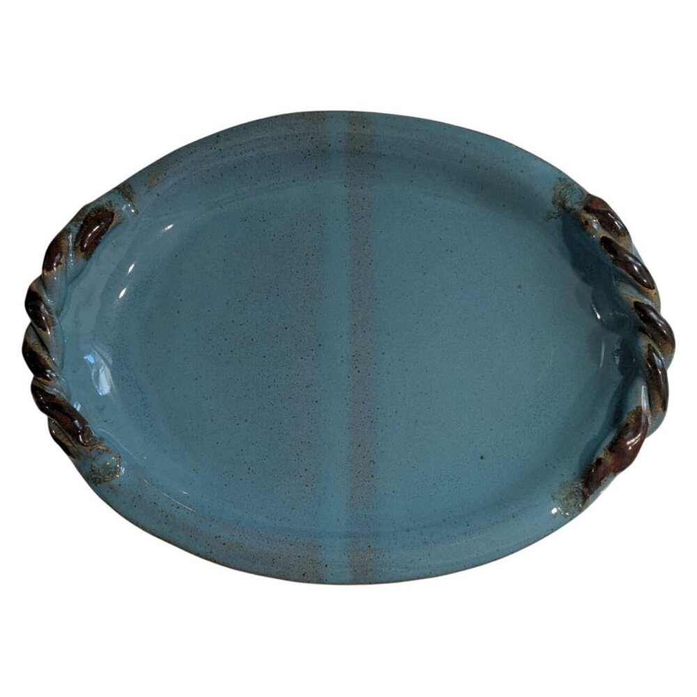 Handcrafted Turquoise Ceramic Platter w/ Twisted Handles Signed by Alana 2010